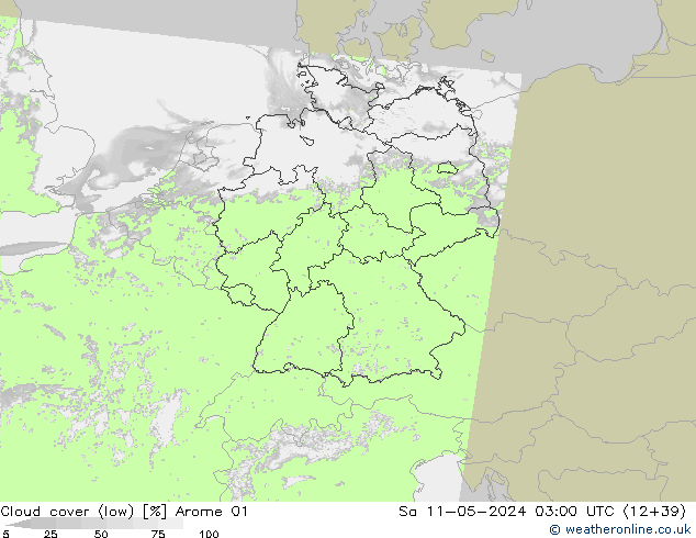 Bewolking (Laag) Arome 01 za 11.05.2024 03 UTC