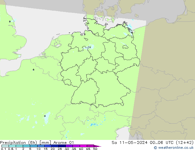 Totale neerslag (6h) Arome 01 za 11.05.2024 06 UTC