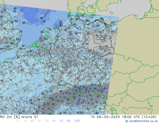 RH 2m Arome 01 Qui 09.05.2024 18 UTC