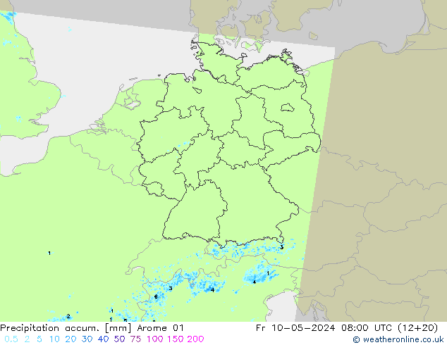 Precipitation accum. Arome 01 Fr 10.05.2024 08 UTC