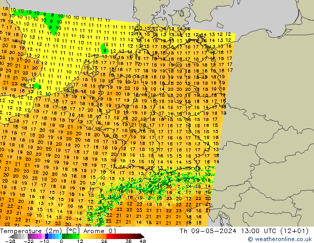 温度图 Arome 01 星期四 09.05.2024 13 UTC