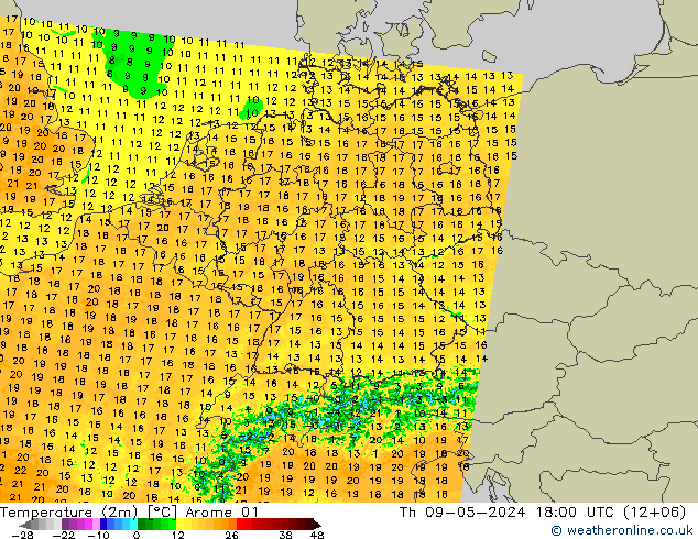 Temperaturkarte (2m) Arome 01 Do 09.05.2024 18 UTC