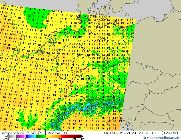 Temperatura (2m) Arome 01 Qui 09.05.2024 21 UTC