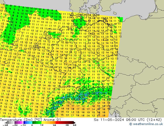 Temperatuurkaart (2m) Arome 01 za 11.05.2024 06 UTC