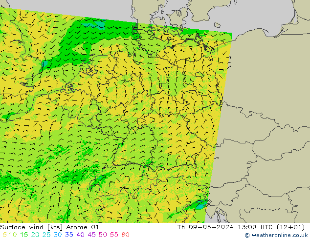 风 10 米 Arome 01 星期四 09.05.2024 13 UTC