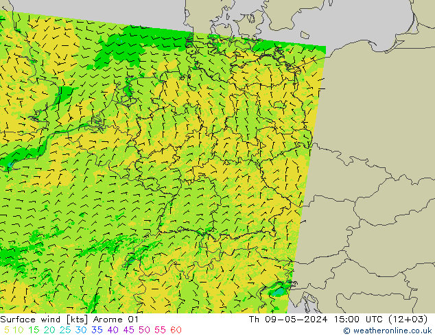 风 10 米 Arome 01 星期四 09.05.2024 15 UTC