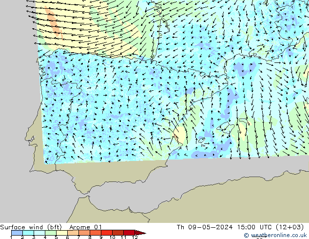 Rüzgar 10 m (bft) Arome 01 Per 09.05.2024 15 UTC