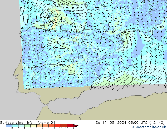 Surface wind (bft) Arome 01 So 11.05.2024 06 UTC