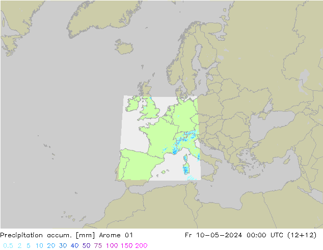 Totale neerslag Arome 01 vr 10.05.2024 00 UTC