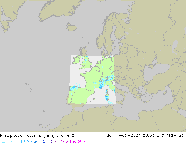 Totale neerslag Arome 01 za 11.05.2024 06 UTC