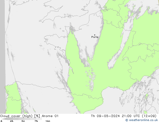 Bewolking (Hoog) Arome 01 do 09.05.2024 21 UTC