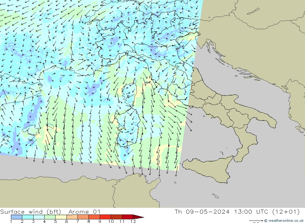 Surface wind (bft) Arome 01 Čt 09.05.2024 13 UTC