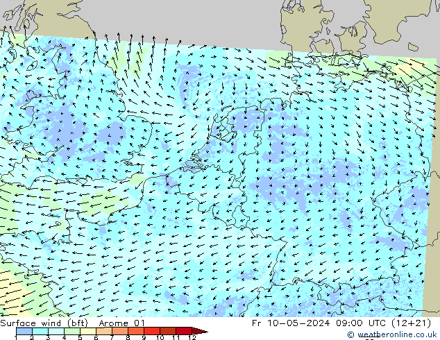 Surface wind (bft) Arome 01 Fr 10.05.2024 09 UTC