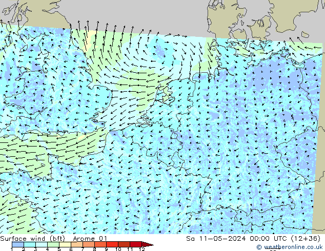 Surface wind (bft) Arome 01 Sa 11.05.2024 00 UTC