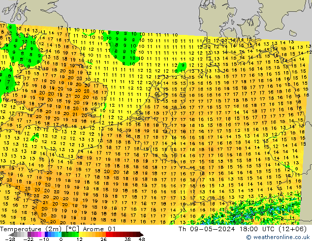 Temperaturkarte (2m) Arome 01 Do 09.05.2024 18 UTC