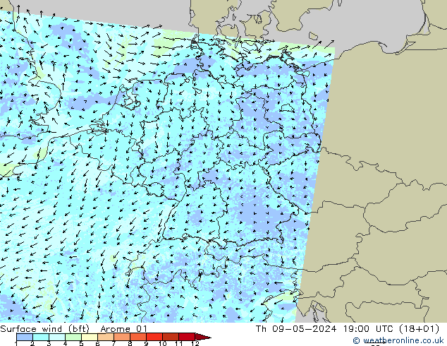 Surface wind (bft) Arome 01 Th 09.05.2024 19 UTC