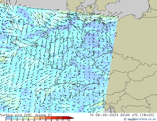 Surface wind (bft) Arome 01 Čt 09.05.2024 20 UTC