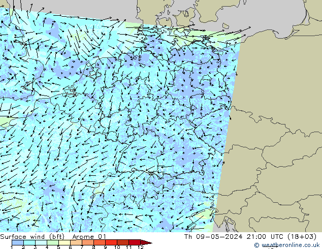 Wind 10 m (bft) Arome 01 do 09.05.2024 21 UTC