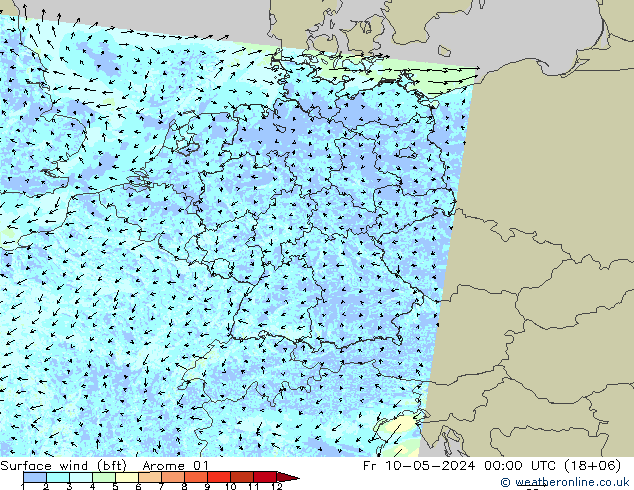 �N 10 米 (bft) Arome 01 星期五 10.05.2024 00 UTC