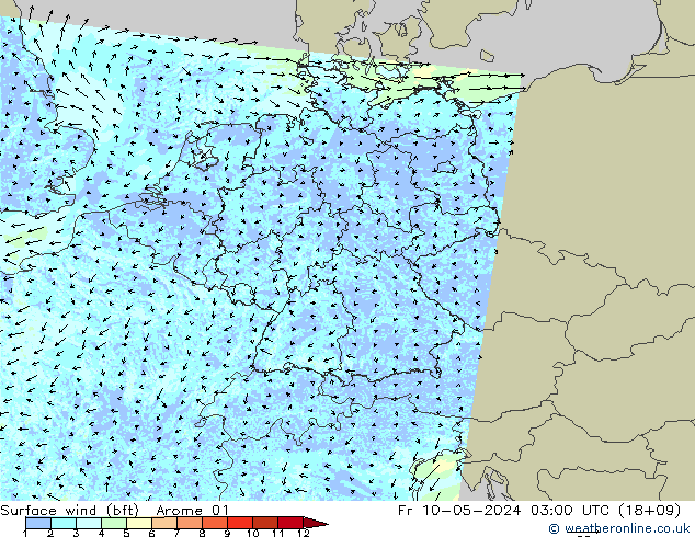 Surface wind (bft) Arome 01 Fr 10.05.2024 03 UTC