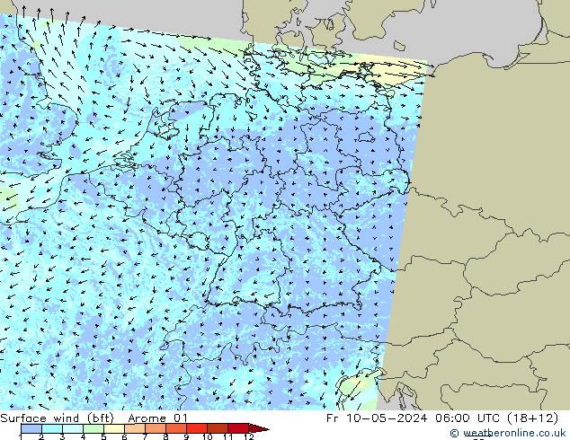 wiatr 10 m (bft) Arome 01 pt. 10.05.2024 06 UTC