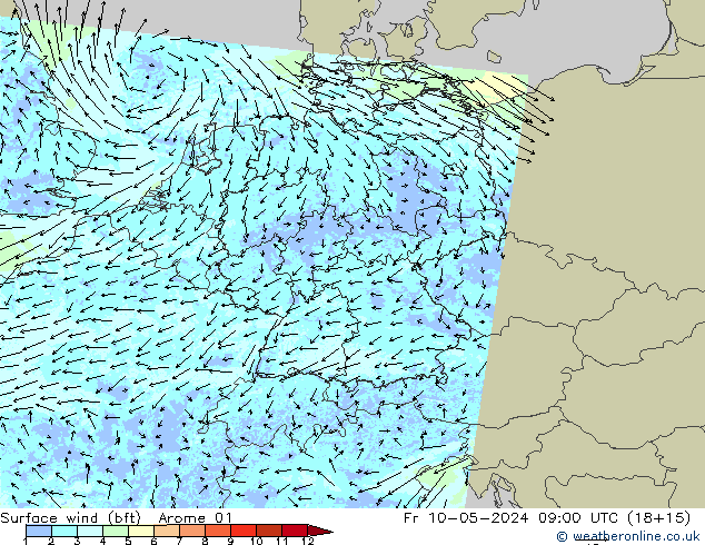 Surface wind (bft) Arome 01 Fr 10.05.2024 09 UTC
