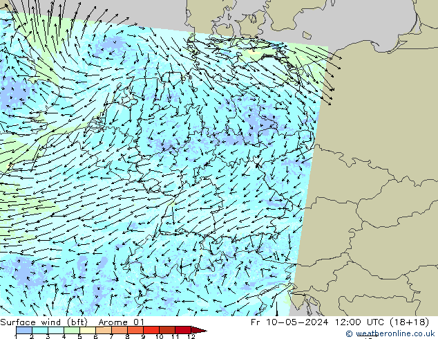 Vento 10 m (bft) Arome 01 ven 10.05.2024 12 UTC