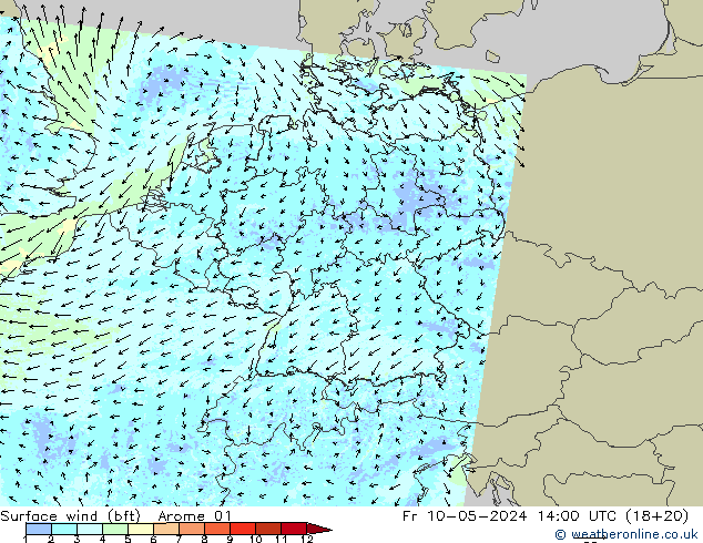 Bodenwind (bft) Arome 01 Fr 10.05.2024 14 UTC