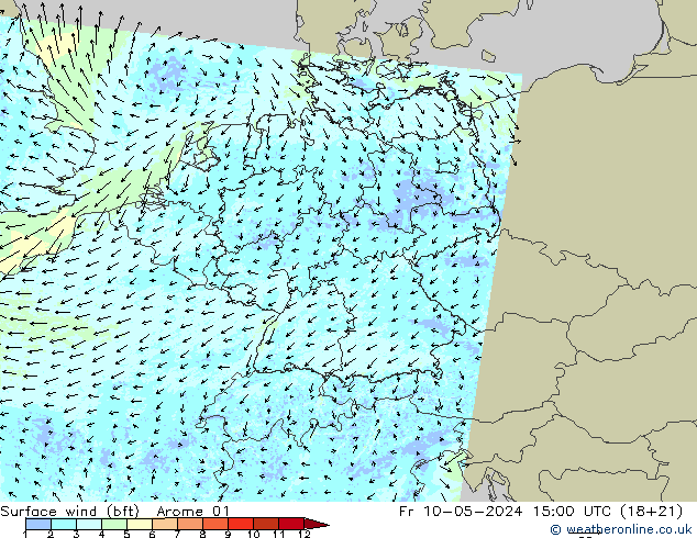 Bodenwind (bft) Arome 01 Fr 10.05.2024 15 UTC