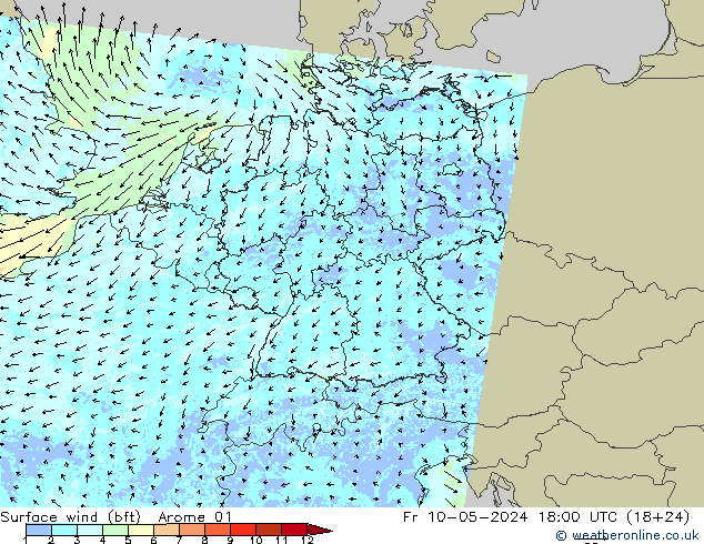 Surface wind (bft) Arome 01 Pá 10.05.2024 18 UTC