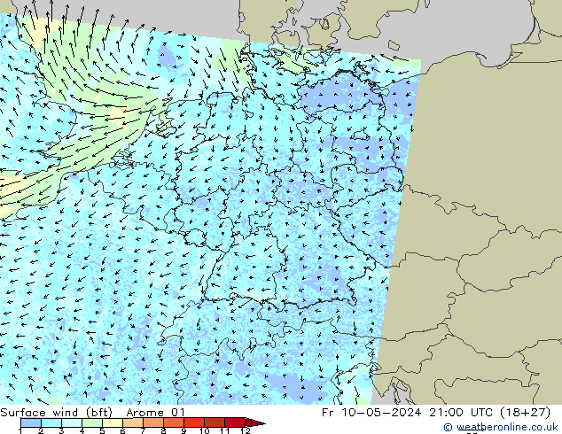 Rüzgar 10 m (bft) Arome 01 Cu 10.05.2024 21 UTC