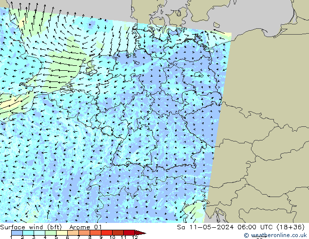 Rüzgar 10 m (bft) Arome 01 Cts 11.05.2024 06 UTC