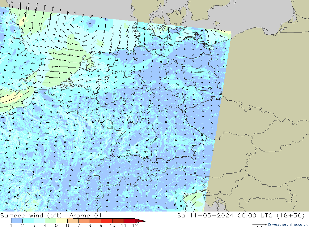 Bodenwind (bft) Arome 01 Sa 11.05.2024 06 UTC