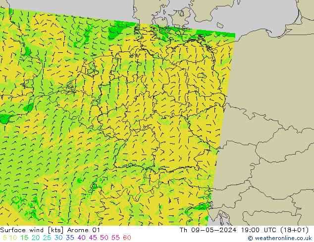 风 10 米 Arome 01 星期四 09.05.2024 19 UTC