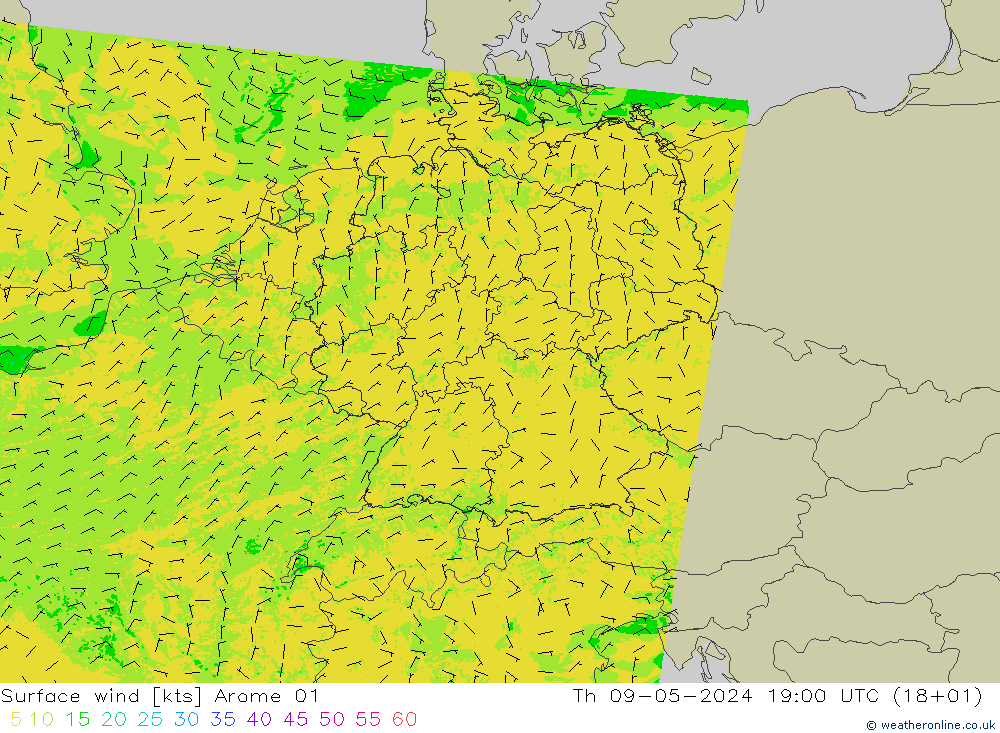 风 10 米 Arome 01 星期四 09.05.2024 19 UTC