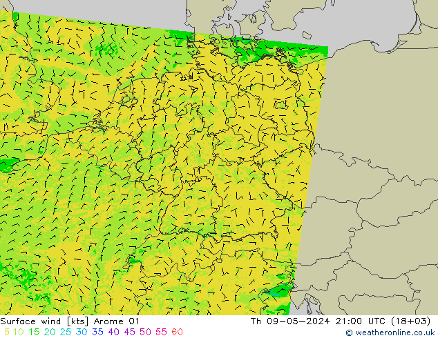 风 10 米 Arome 01 星期四 09.05.2024 21 UTC