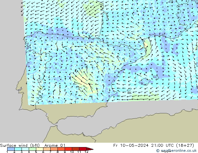 Surface wind (bft) Arome 01 Pá 10.05.2024 21 UTC