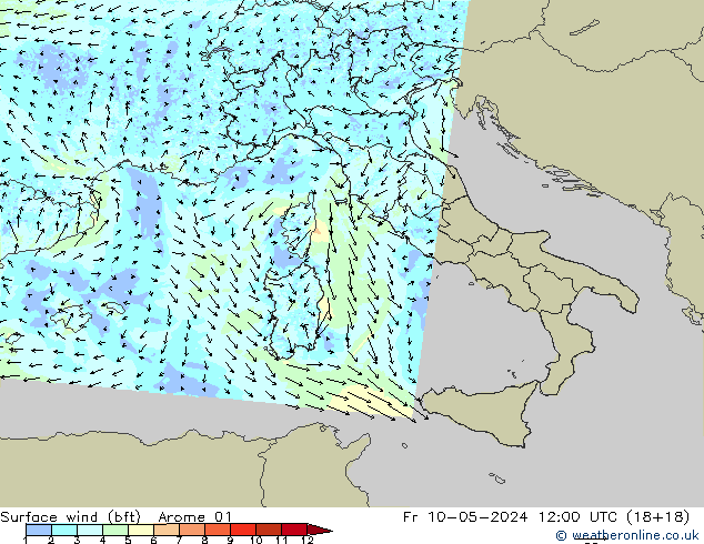 Wind 10 m (bft) Arome 01 vr 10.05.2024 12 UTC