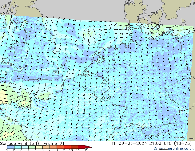 Surface wind (bft) Arome 01 Th 09.05.2024 21 UTC