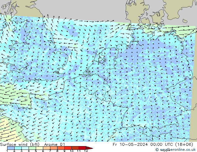 Surface wind (bft) Arome 01 Fr 10.05.2024 00 UTC