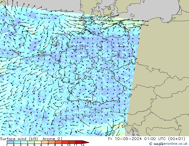 Surface wind (bft) Arome 01 Fr 10.05.2024 01 UTC