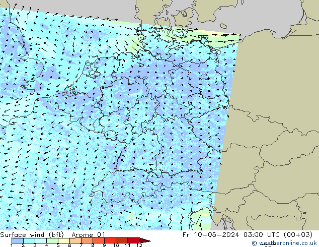 Bodenwind (bft) Arome 01 Fr 10.05.2024 03 UTC