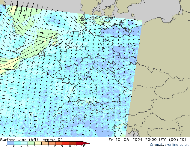 Wind 10 m (bft) Arome 01 vr 10.05.2024 20 UTC