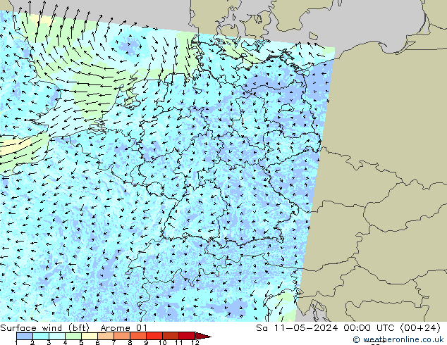 wiatr 10 m (bft) Arome 01 so. 11.05.2024 00 UTC