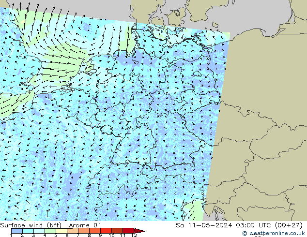 Surface wind (bft) Arome 01 Sa 11.05.2024 03 UTC