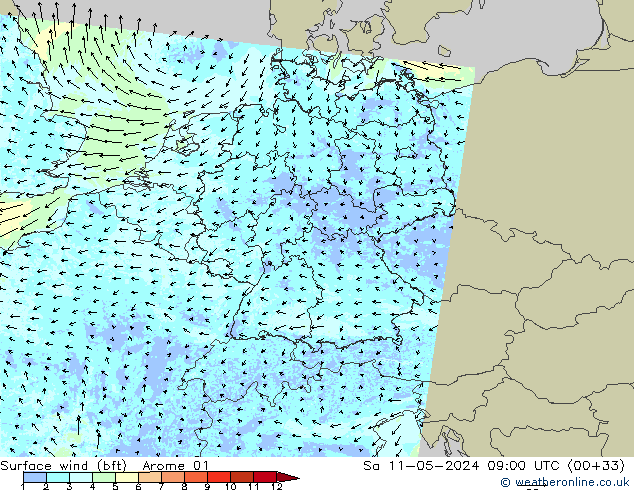 Wind 10 m (bft) Arome 01 za 11.05.2024 09 UTC