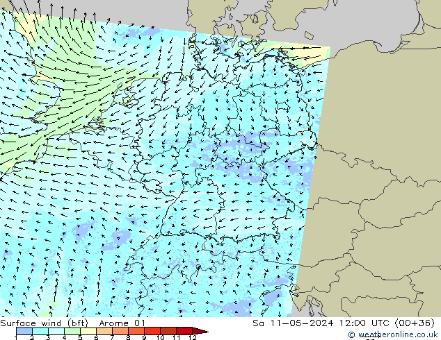 Bodenwind (bft) Arome 01 Sa 11.05.2024 12 UTC