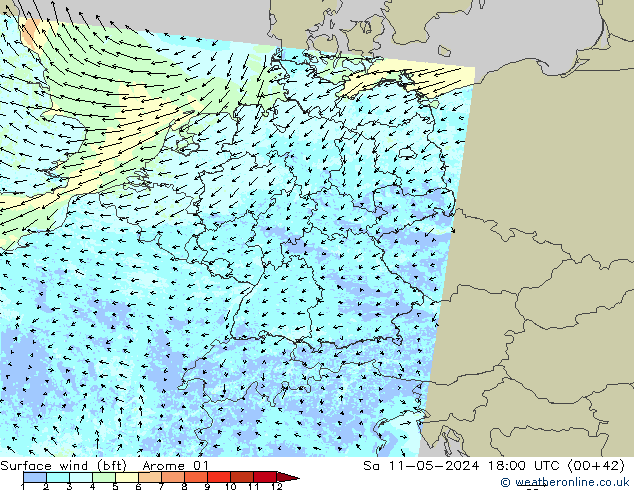 Wind 10 m (bft) Arome 01 za 11.05.2024 18 UTC