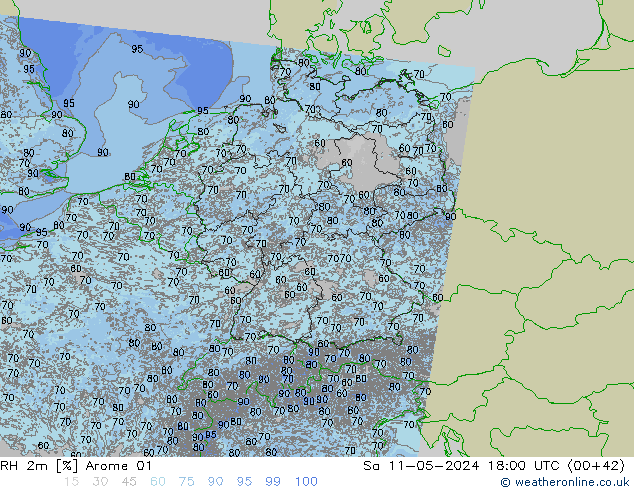 Humidité rel. 2m Arome 01 sam 11.05.2024 18 UTC