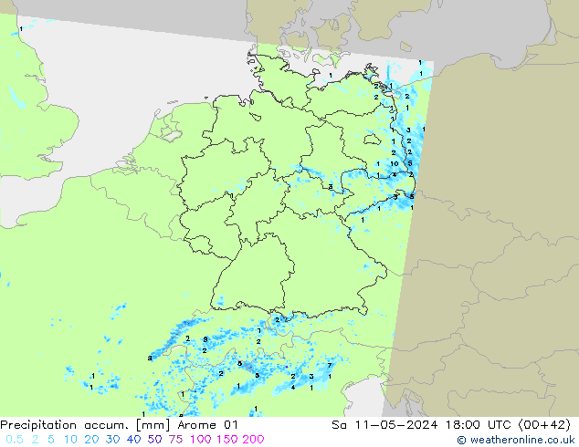Precipitation accum. Arome 01 Sáb 11.05.2024 18 UTC